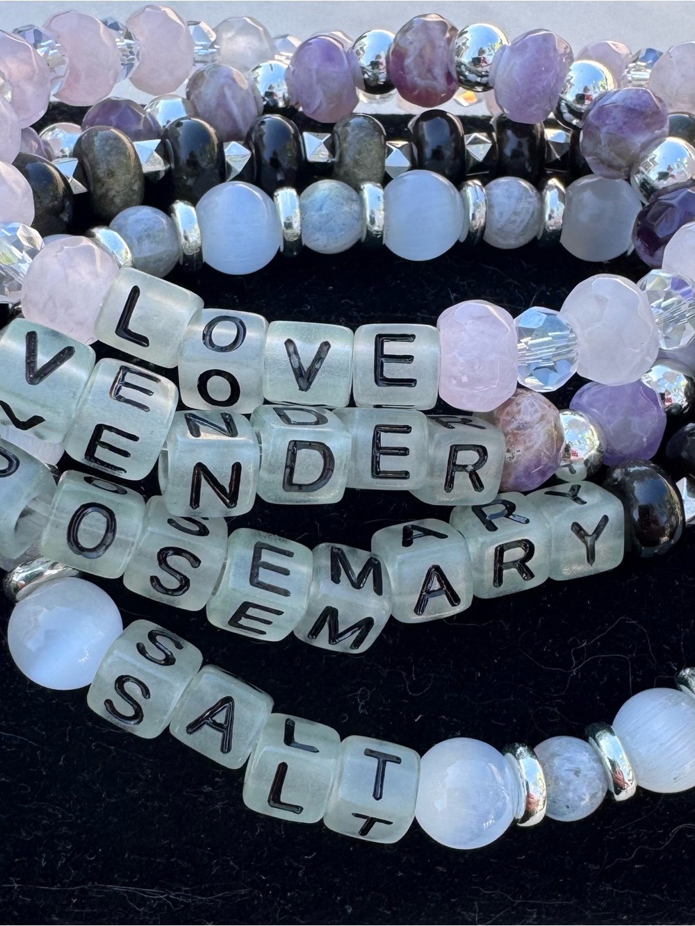 Practical magic inspired bracelet set. Selenite, obsidian, amethyst, rose quart.